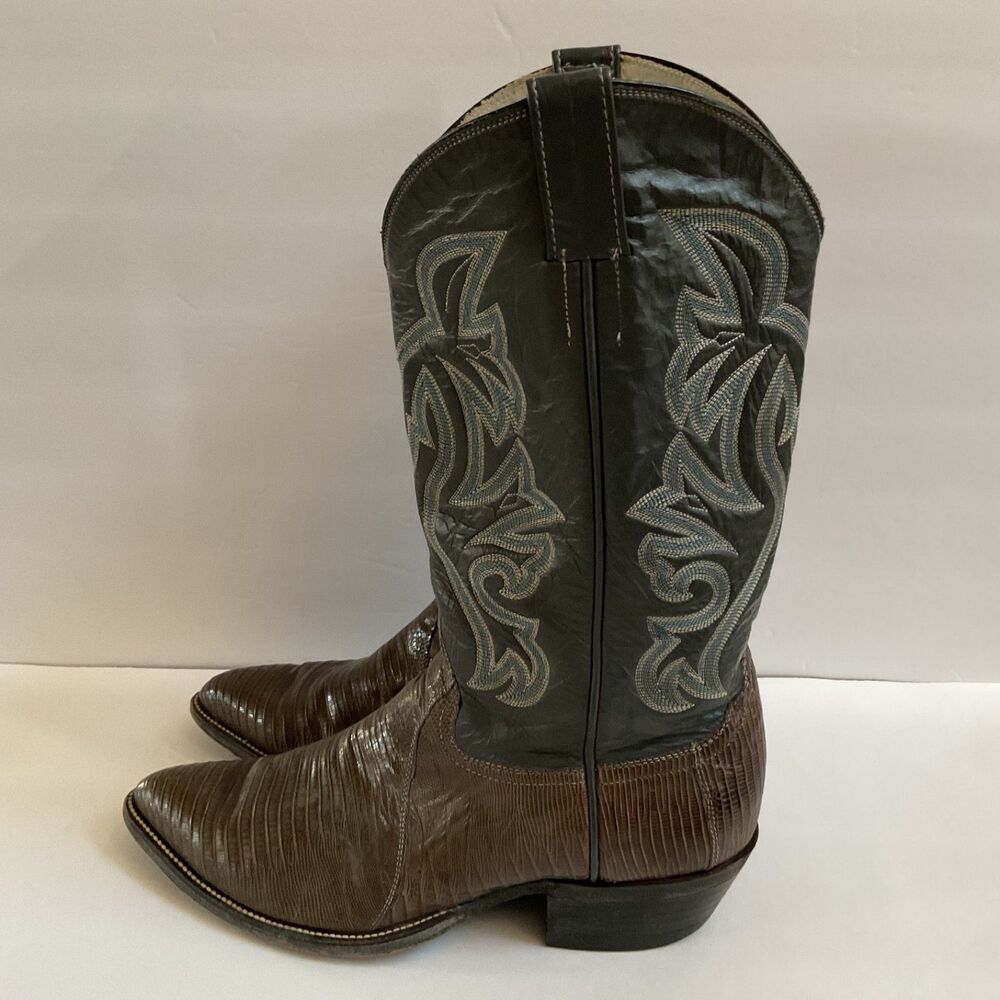 Vintage Cowtown Teju Lizard Cowboy Western Boots Black Shaft Mens 11.5D Handmade